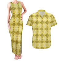 Yellow Hawaiian Quilt Couples Matching Tank Maxi Dress and Hawaiian Shirt Hawaii Pineapple Monstera Palaka Motifs - Polynesian Pride