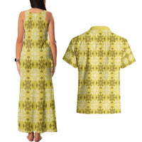 Yellow Hawaiian Quilt Couples Matching Tank Maxi Dress and Hawaiian Shirt Hawaii Pineapple Monstera Palaka Motifs - Polynesian Pride
