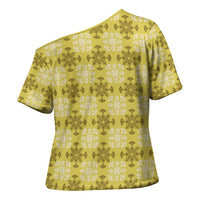 Yellow Hawaiian Quilt Cross Shoulder Shirt Hawaii Pineapple Monstera Palaka Motifs - Polynesian Pride