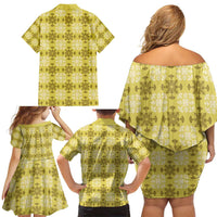 Yellow Hawaiian Quilt Family Matching Off Shoulder Short Dress and Hawaiian Shirt Hawaii Pineapple Monstera Palaka Motifs - Polynesian Pride