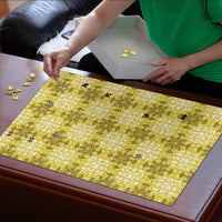 Yellow Hawaiian Quilt Puzzle Hawaii Pineapple Monstera Palaka Motifs - Polynesian Pride