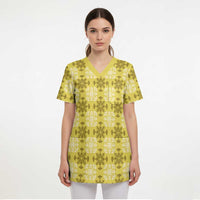 Yellow Hawaiian Quilt Scrub Top Hawaii Pineapple Monstera Palaka Motifs - Polynesian Pride