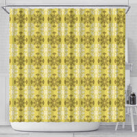 Yellow Hawaiian Quilt Shower Curtain Hawaii Pineapple Monstera Palaka Motifs - Polynesian Pride
