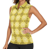 Yellow Hawaiian Quilt Women Sleeveless Polo Shirt Hawaii Pineapple Monstera Palaka Motifs - Polynesian Pride