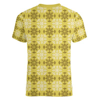 Yellow Hawaiian Quilt Women V-Neck T-Shirt Hawaii Pineapple Monstera Palaka Motifs - Polynesian Pride