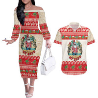 Mele Kalikimaka Hawaii Couples Matching Off The Shoulder Long Sleeve Dress and Hawaiian Shirt Funny Beer-Loving Santa Hawaiian Tropical - Polynesian Pride