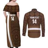 Bula Fiji Football Custom Couples Matching Off Shoulder Maxi Dress and Long Sleeve Button Shirt One Vanua One Team Tapa Pattern LT14 - Polynesian Pride