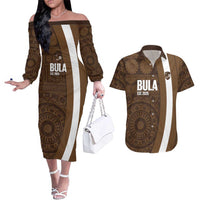 Bula Fiji Football Custom Couples Matching Off The Shoulder Long Sleeve Dress and Hawaiian Shirt One Vanua One Team Tapa Pattern