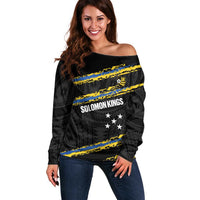 Kings Solomon Islands Football Custom Off Shoulder Sweater Come On Solomons Polynesian Grunge Style LT14 Women Black - Polynesian Pride