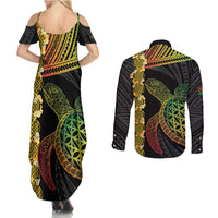 Vanuatu Sand Drawing Turtle Couples Matching Summer Maxi Dress and Long Sleeve Button Shirt Happy Independence Day