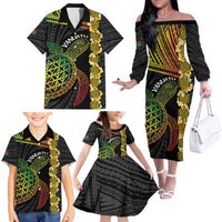 Vanuatu Sand Drawing Turtle Family Matching Off The Shoulder Long Sleeve Dress and Hawaiian Shirt Happy Independence Day