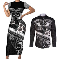 Black Polynesia Couples Matching Short Sleeve Bodycon Dress and Long Sleeve Button Shirt Tribal Pattern Tropical Frangipani