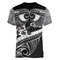 Black Polynesia Women V-Neck T-Shirt Tribal Pattern Tropical Frangipani