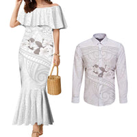 White Polynesia Couples Matching Mermaid Dress and Long Sleeve Button Shirt Tribal Pattern Tropical Frangipani