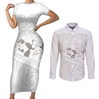 White Polynesia Couples Matching Short Sleeve Bodycon Dress and Long Sleeve Button Shirt Tribal Pattern Tropical Frangipani