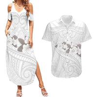 White Polynesia Couples Matching Summer Maxi Dress and Hawaiian Shirt Tribal Pattern Tropical Frangipani