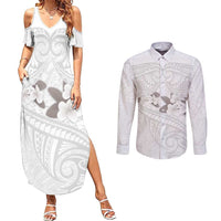 White Polynesia Couples Matching Summer Maxi Dress and Long Sleeve Button Shirt Tribal Pattern Tropical Frangipani