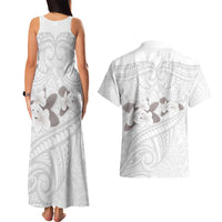 White Polynesia Couples Matching Tank Maxi Dress and Hawaiian Shirt Tribal Pattern Tropical Frangipani