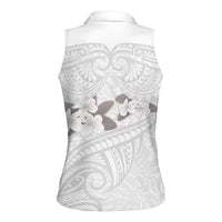 White Polynesia Women Sleeveless Polo Shirt Tribal Pattern Tropical Frangipani