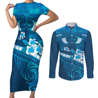 Blue Polynesia Couples Matching Short Sleeve Bodycon Dress and Long Sleeve Button Shirt Tribal Pattern Tropical Frangipani