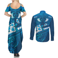 Blue Polynesia Couples Matching Summer Maxi Dress and Long Sleeve Button Shirt Tribal Pattern Tropical Frangipani