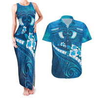 Blue Polynesia Couples Matching Tank Maxi Dress and Hawaiian Shirt Tribal Pattern Tropical Frangipani