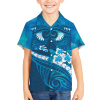 Blue Polynesia Family Matching Off The Shoulder Long Sleeve Dress and Hawaiian Shirt Tribal Pattern Tropical Frangipani LT14 Son's Shirt Blue - Polynesian Pride