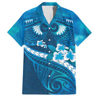 Blue Polynesia Family Matching Off Shoulder Short Dress and Hawaiian Shirt Tribal Pattern Tropical Frangipani LT14 Dad's Shirt - Short Sleeve Blue - Polynesian Pride