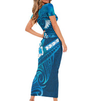 Blue Polynesia Family Matching Short Sleeve Bodycon Dress and Hawaiian Shirt Tribal Pattern Tropical Frangipani