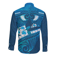 Blue Polynesia Long Sleeve Button Shirt Tribal Pattern Tropical Frangipani LT14 - Polynesian Pride