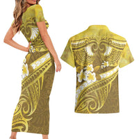 Gold Polynesia Couples Matching Short Sleeve Bodycon Dress and Hawaiian Shirt Tribal Pattern Tropical Frangipani