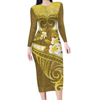 Gold Polynesia Family Matching Long Sleeve Bodycon Dress and Hawaiian Shirt Tribal Pattern Tropical Frangipani