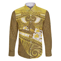 Gold Polynesia Family Matching Summer Maxi Dress and Hawaiian Shirt Tribal Pattern Tropical Frangipani LT14 Dad's Shirt - Long Sleeve Gold - Polynesian Pride