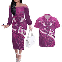 Pink Polynesia Couples Matching Off The Shoulder Long Sleeve Dress and Hawaiian Shirt Tribal Pattern Tropical Frangipani