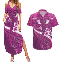 Pink Polynesia Couples Matching Summer Maxi Dress and Hawaiian Shirt Tribal Pattern Tropical Frangipani