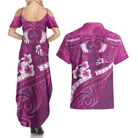 Pink Polynesia Couples Matching Summer Maxi Dress and Hawaiian Shirt Tribal Pattern Tropical Frangipani