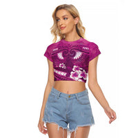 Pink Polynesia Raglan Cropped T Shirt Tribal Pattern Tropical Frangipani