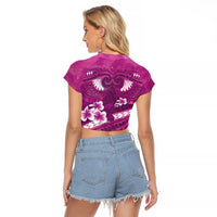 Pink Polynesia Raglan Cropped T Shirt Tribal Pattern Tropical Frangipani