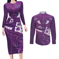Purple Polynesia Couples Matching Long Sleeve Bodycon Dress and Long Sleeve Button Shirt Tribal Pattern Tropical Frangipani