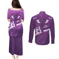 Purple Polynesia Couples Matching Puletasi and Long Sleeve Button Shirt Tribal Pattern Tropical Frangipani