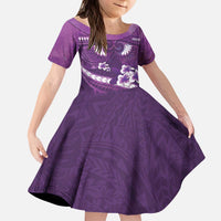 Purple Polynesia Kid Short Sleeve Dress Tribal Pattern Tropical Frangipani