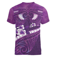Purple Polynesia Women V-Neck T-Shirt Tribal Pattern Tropical Frangipani