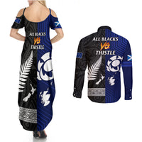 New Zealand and Scotland Rugby Couples Matching Summer Maxi Dress and Long Sleeve Button Shirts All Black Maori With Thistle Together LT14 - Polynesian Pride