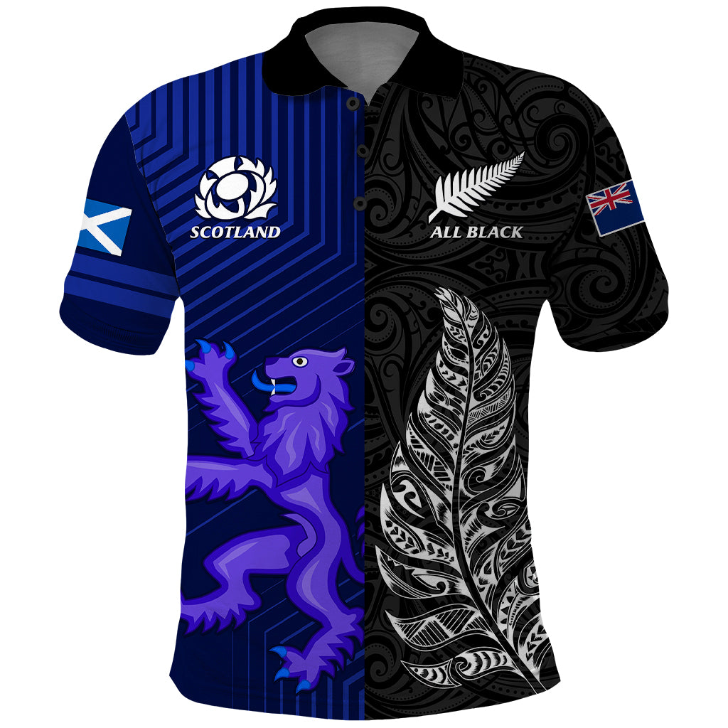New Zealand and Scotland Rugby Polo Shirt All Black Maori With Thistle Together LT14 Black - Polynesian Pride