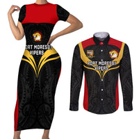 Papua New Guinea Rugby Couples Matching Short Sleeve Bodycon Dress and Long Sleeve Button Shirts Port Moresby Vipers PNG Polynesian Pattern LT14 Black - Polynesian Pride