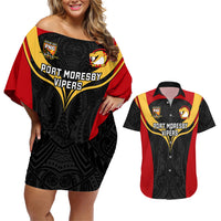 Custom Papua New Guinea Rugby Couples Matching Off Shoulder Short Dress and Hawaiian Shirt Port Moresby Vipers PNG Polynesian Pattern LT14 Black - Polynesian Pride
