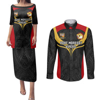 Custom Papua New Guinea Rugby Couples Matching Puletasi Dress and Long Sleeve Button Shirts Port Moresby Vipers PNG Polynesian Pattern LT14 Black - Polynesian Pride