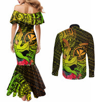 Hawaii Couples Matching Mermaid Dress and Long Sleeve Button Shirts Kanaka Map With Polynesian Shark Tattoo Reggae Unique LT14 - Polynesian Pride