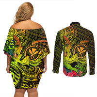 Hawaii Couples Matching Off Shoulder Short Dress and Long Sleeve Button Shirts Kanaka Map With Polynesian Shark Tattoo Reggae Unique LT14 - Polynesian Pride