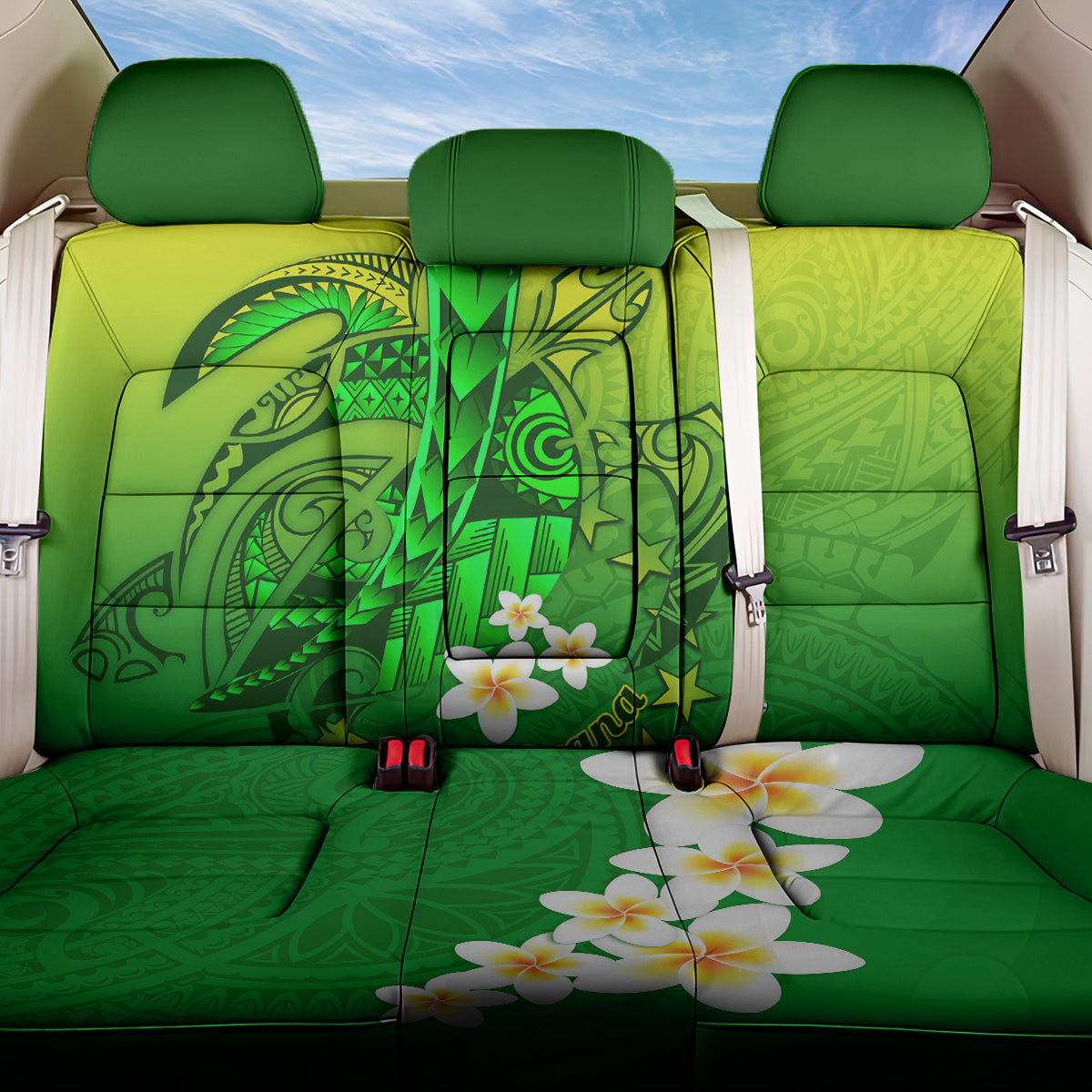 Kia Orana Cook Islands Back Car Seat Cover Kuki Airani Tattoo Pattern With Sea Turtle LT14 One Size Green - Polynesian Pride